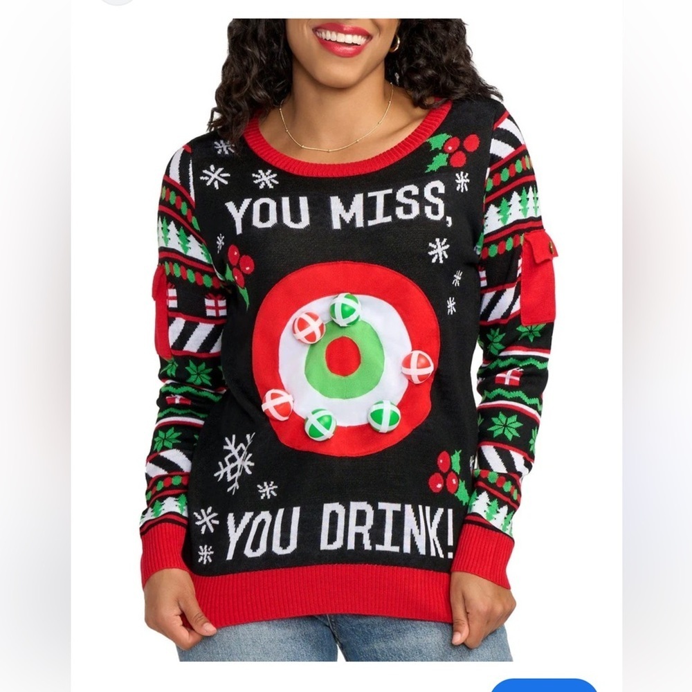 Tipsy Elves Ugly Christmas Sweater Drinking Game Pullover Small Unisex Black